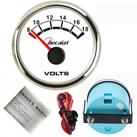 52mm Volt Meter Gauge 8 to 18V IP67 Backlit With Seven Color LEDs Anti Vibration For Boats Construction Machinery Vehicles And Humid Environments Durable Electrical Monitor For Tough Work front and back view