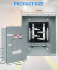 Open view of Eight Space 125 Amp Circuit Breaker Panel Load Center For Home And Small Biz Use 120V And 240V Electrical Distribution Box In Indoor NEMA 1 Steel Enclosure with dimensions shown.