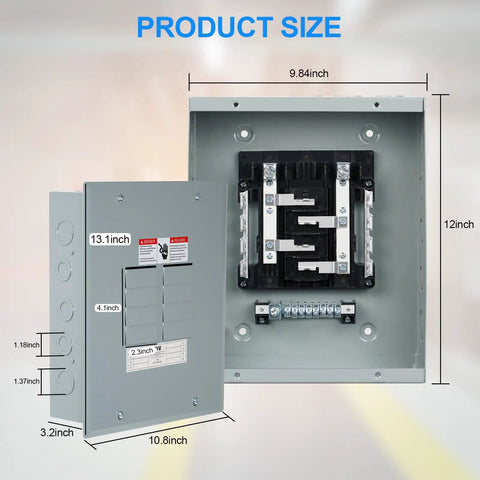 Open view of Eight Space 125 Amp Circuit Breaker Panel Load Center For Home And Small Biz Use 120V And 240V Electrical Distribution Box In Indoor NEMA 1 Steel Enclosure with dimensions shown.