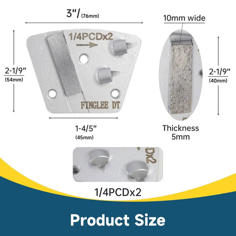 Three Pack Trapezoidal Diamond Grinding Discs 2 x 1/4 PCD Bar Mount dimensions and detailed view for epoxy removal.