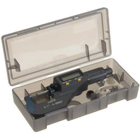 0-1 Inch Digital Micrometer With Large Display, Inch And Metric Readout, Absolute And Incremental Modes, USB SPC Output, 0.00016 Inch Accuracy, Crisp LCD, Beast Mode Precision For Real World Machining inside a protective case.