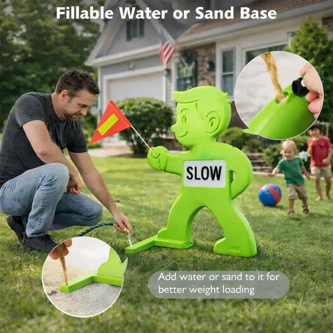 Kid Alert Street Safety Sign 31 Inch Green Caution Sign For Neighborhoods And Schools, Slow Down Kids At Play With Reflective Slow Sticker And Warning Flag, High Visibility Safety Sign with fillable base