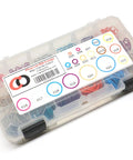 Color Coded Paintball O Ring Kit Large 360 Piece Master O Ring Set With 18 Common Sizes in transparent case with labels