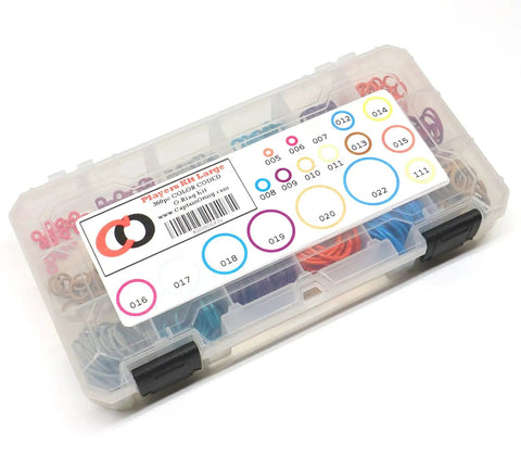 Color Coded Paintball O Ring Kit Large 360 Piece Master O Ring Set With 18 Common Sizes in transparent case with labels