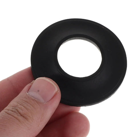 10pcs Black Rubber Bathtub Drain Gasket, Leak Proof Seal Washer held in hand showing round design and textured surface.