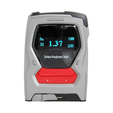 Portable Digital Surface Roughness Gauge Pro Grade Tool with High Precision 0.01μm for Ra Rz Rq Rt Testing, Reads 0.05-10 μm Ra and Rq, Perfect for Precision Machining, QA, and Metallurgy. Front view of handheld gray and red surface roughness tester showing Ra 1.37 μm on display