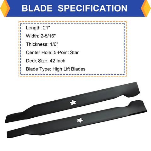 2 Pack High Lift Mower Blades For 42 Inch Decks Fits Craftsman Husqvarna Poulan Replaces 127843 138498 138971 shown with specs