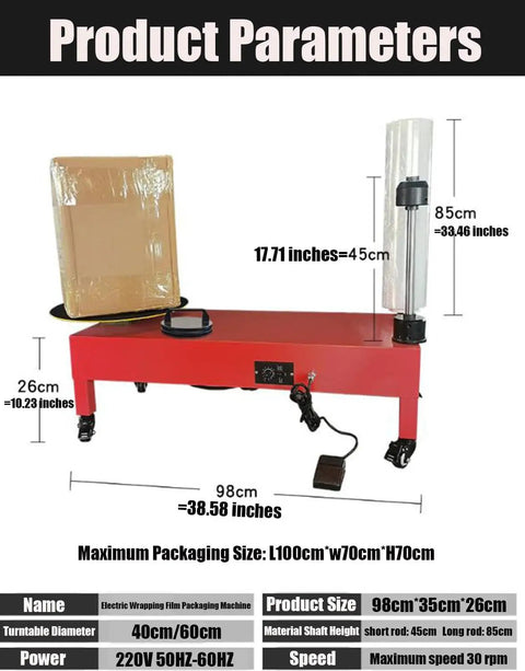Built Like A Tank Electric Stretch Film Wrapper With A Smooth Double Shaft Turntable showing dimensions and packaging details.