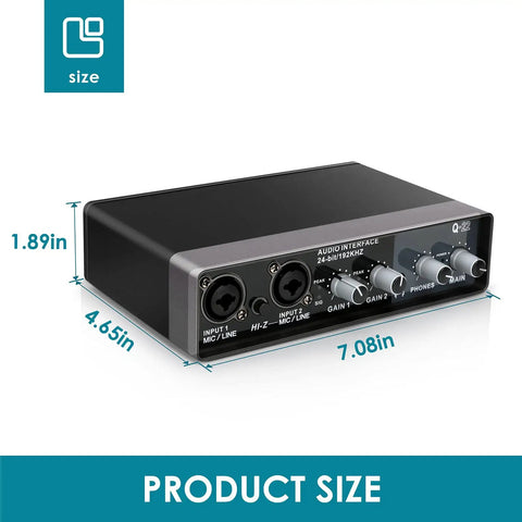 USB Audio Interface For Recording Music With 2 Channel Mic Preamps 48V Phantom Power dimensions labeled in inches