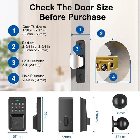 Detailed size specifications for Super Slick Smart Door Lock With App Control, Backlit Keypad Deadbolt, Dual Knob Front Door.