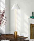 64 Inch Tall Floor Lamp With White Fabric Empire Shade In Brass Finish Modern Tall Lighting For Living Rooms Bedrooms And Offices With Balanced Illumination And Cozy Vibes
