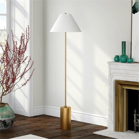 64 Inch Tall Floor Lamp With White Fabric Empire Shade In Brass Finish Modern Tall Lighting For Living Rooms Bedrooms And Offices With Balanced Illumination And Cozy Vibes