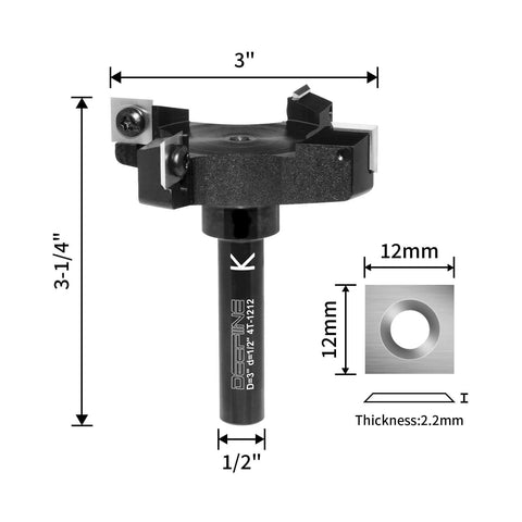 Pro Grade Heavy Duty Slab Flattening Router Bit With Four Wing Carbide Inserts For Spoilboard Surfacing And Wood Planing Half Inch Shank Three Inch Cutting Diameter CNC Fly Cutter Leveler And Rabbeting Capabilities. Image shows dimensions, shank size, and carbide details.