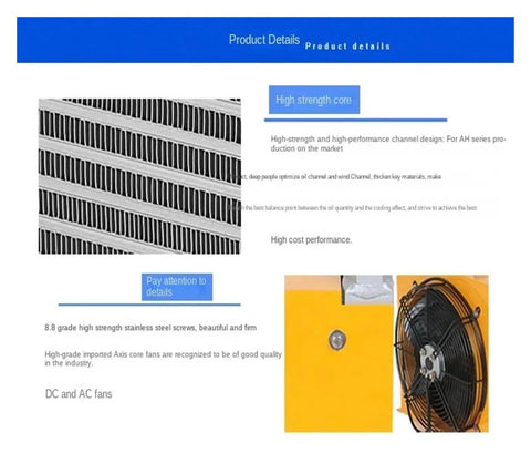 Close-up of beefy industrial blower fan for air cooler and hydraulic system with high-strength core and steel screws
