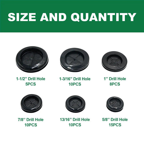 58 Piece Rubber Grommet Kit For Wiring And Auto Use, Six Sizes 5/8 Inch 13/16 Inch 7/8 Inch 1 Inch 1-3/16 Inch 1-1/2 Inch displayed