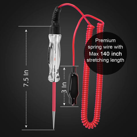 Pro Grade Led Automotive Circuit Tester Light With 6 to 24V Range And 135 Inch PU Extended Spring Wire Sharp Steel Probe shown.