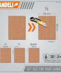 Diagram showing cut-to-fit guide for 220 Grit Multipurpose Sandpaper Sheets for Woodworking and Drywall, 9x11 inches, with dimensions.
