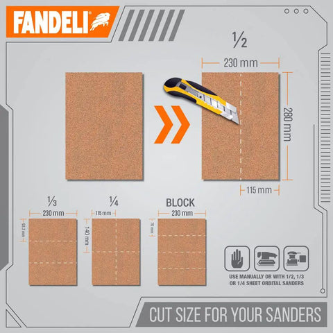 Diagram showing cut-to-fit guide for 220 Grit Multipurpose Sandpaper Sheets for Woodworking and Drywall, 9x11 inches, with dimensions.