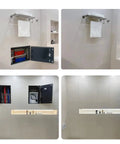 Slick Heavy Duty Tile Access Panel Kit Conceals Drywall Wires And Pipes Dead Simple Pop Open System No Sweat Install Crisp Seamless Look Sturdy Steel Build 600X1200MM mounted in bathroom with tools and supplies stored.