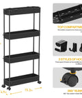 Slim Four Tier Storage Cart Rolling Organizer For Kitchen Bathroom Laundry And Office Space Saver Mobile Shelving Unit With Slide Out Drawer Narrow Gaps Black shown with dimensions and features.