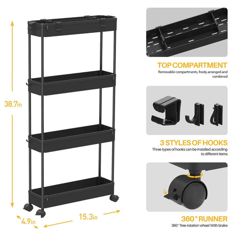 Slim Four Tier Storage Cart Rolling Organizer For Kitchen Bathroom Laundry And Office Space Saver Mobile Shelving Unit With Slide Out Drawer Narrow Gaps Black shown with dimensions and features.