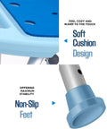 Close-up of adjustable shower chair with soft cushion design and non-slip feet, heavy duty bath seat for seniors with aluminum leg frame.