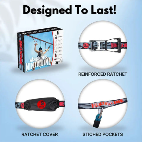 Packaging and components of Ninjaline 36 Foot Intro Kit With Seven Hanging Attachments