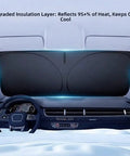 Kick Summer Heat To The Curb With This Sick Reflective Laser Windshield Sun Shade For Tesla Cybertruck Plus Cyberbeast 2023 Through 2026 Featuring A Foldable Durable Cover That Blocks Harsh Sunlight And Keeps Your Ride Ice Cold, showcasing upgraded insulation layer and dashboard view.