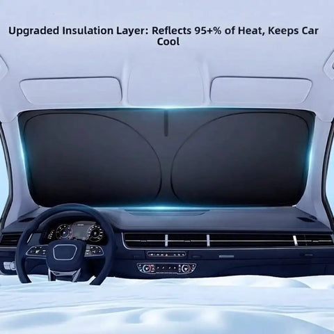 Kick Summer Heat To The Curb With This Sick Reflective Laser Windshield Sun Shade For Tesla Cybertruck Plus Cyberbeast 2023 Through 2026 Featuring A Foldable Durable Cover That Blocks Harsh Sunlight And Keeps Your Ride Ice Cold, showcasing upgraded insulation layer and dashboard view.