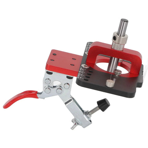 Rock Solid 35mm Aluminum Hinge Jig Kit For Cabinet Doors features adjustable clamp and locking mechanism for precise drilling.