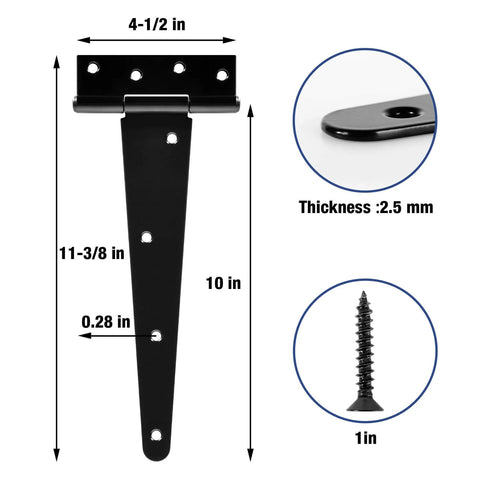10 Inch T Strap Shed Door Hinge Heavy Duty 2 Pack Gate Hinge with size and screw details, matte black finish, for barn and farm use.