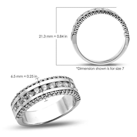 Top Shelf 14K Solid White Gold One Carat Total Weight Three Row Diamonds Wedding Band Ring For Her Dope 52 Stone SI2 Clarity G Color, side view with dimensions.