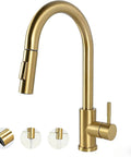 RICINUN Kitchen Faucet, RIC-KF100-6 in gold finish showing arc shape and pull-out spray head with side lever.