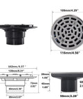 Round Shower Drain Four And A Quarter Inch With Brushed Nickel Finish Easy Removable Grille Strainer SUS304 Stainless Steel Construction PVC Base Adjustable Drain Flange Kit Durable Corrosion Resistant No Fuss Upgrade For Any Shower, with dimensions shown