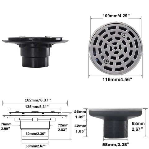 Round Shower Drain Four And A Quarter Inch With Brushed Nickel Finish Easy Removable Grille Strainer SUS304 Stainless Steel Construction PVC Base Adjustable Drain Flange Kit Durable Corrosion Resistant No Fuss Upgrade For Any Shower, with dimensions shown