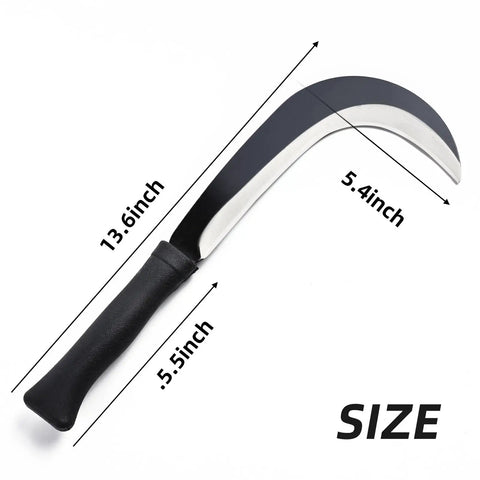 Beast Mode Machete Sickle For Weed Removal And Grass Clearing With Magnetic Long Handle showing 14-inch carbon steel blade size