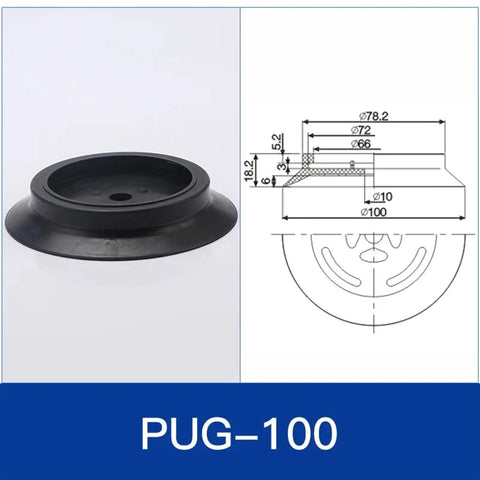 Industrial Grade PU Pneumatic Suction Cup For Robotic Manipulators, PUG-100 model, black, detailed dimensions shown.