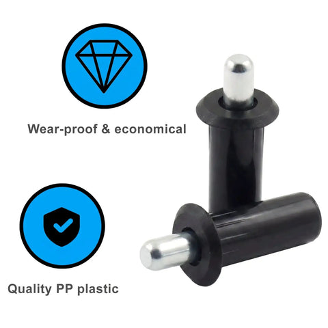 Heavy Duty Black Spring Loaded Cabinet Door Repair Pins 10 Pack Built Tough Plastic Steel Hardware For Shutters with metal tips.