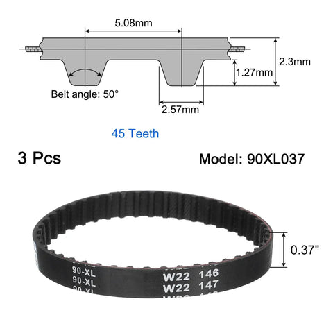 Three Pack 90XL Timing Belts 0.37 Inch Wide 0.20 Inch Pitch 45 Teeth Rubber Cogged Synchronous Belts diagram and side view