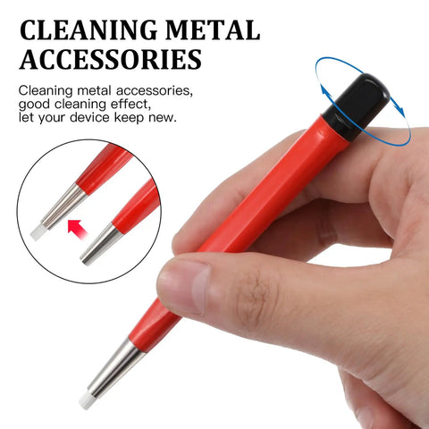 Person holding Drilling Cleaning Pen With Fiberglass Brush And Precision Abrasive Stick for cleaning metal accessories.