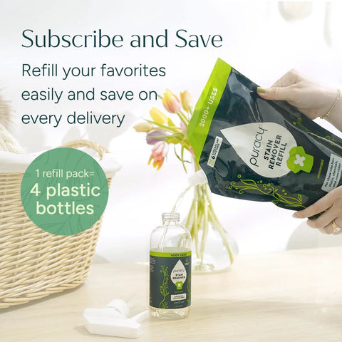 Hand pouring Puracy enzyme stain remover refill into bottle next to wicker basket, flowers, and refill pack details.