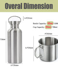 Dimensions of Survival Ready 3-In-1 42oz Water Bottle With 24oz Nesting Cup And Carry Bag, stainless steel material shown