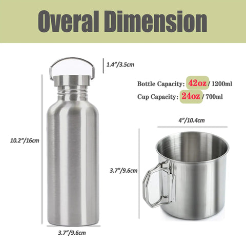 Dimensions of Survival Ready 3-In-1 42oz Water Bottle With 24oz Nesting Cup And Carry Bag, stainless steel material shown