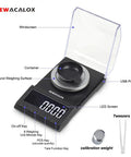 Pro Grade Micro Precision Milligram Scale With USB Power 100G X 0.001G Portable Lab Scale showing weighing surface and wind shield.