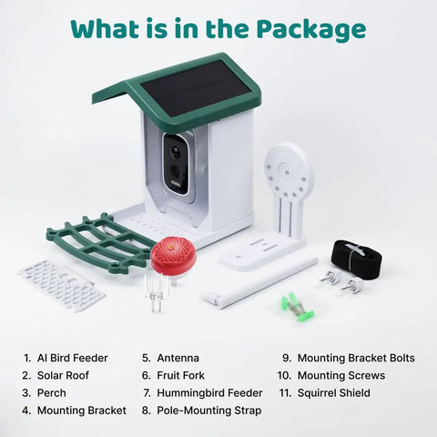 Components of Smart Bird Feeder With Camera For Backyard Viewing, 2.5K HD Video, AI Bird Recognition Of 10K Birds shown