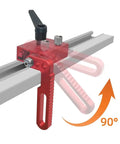 Precision Adjustable Fence Flip Stop With Miter Track Stop And Heavy Duty Aluminum T Slot Stop adjusting to 90 degrees on a t-slot track.