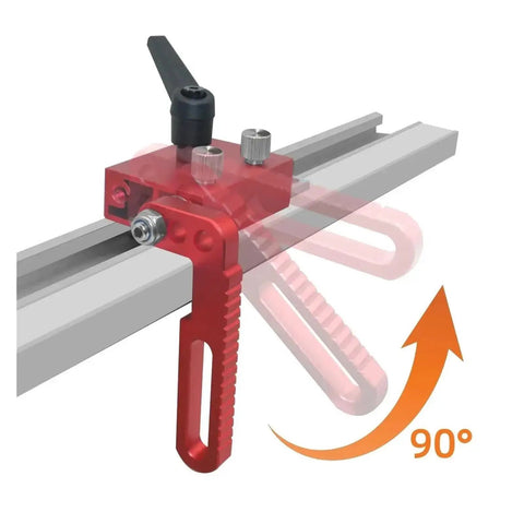 Precision Adjustable Fence Flip Stop With Miter Track Stop And Heavy Duty Aluminum T Slot Stop adjusting to 90 degrees on a t-slot track.