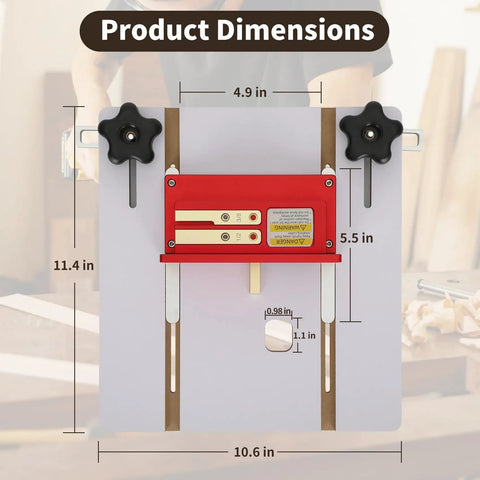 Router Table Box Joint Jig With Brass Indexing Keys Three Sizes 1/4, 3/8, 1/2 on MDF platform showing product dimensions.