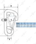 Diagram and dimensions of Stainless Steel Carabiner Heavy Duty Snap Hook For Marine Use Saltwater Resistant Rope Clips 316 Stainless Steel