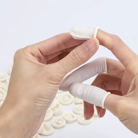 Applying Latex Finger Cots 400 Count Small Disposable Fingertip Gloves Anti Static Flexible Rolled Design for Protection on Fingers